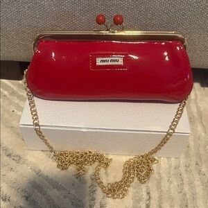 Miu Miu Red Patent Leather Clutch with Gold Chain